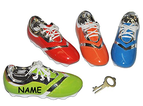 Sparschwein Fußball Schuh incl. Name – Porzellan / Keramik mit Schlüssel – stabile Sparbüchse Spardose Kinder Fussball