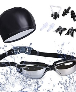Schwimmbrille-AntibeschlagLaufen-100-UV-Schutz-kein-Spiegelbeschichtete-Linsen-Auslaufen-Taucherbrille-Silikonband-mit-Schnellverschluss-Einstellbare-Geschenke-NasenklammerOhrstpsel-Badekappe-0