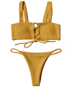 Shinely-Damen-Ribbed-Texture-Lace-up-Verband-Bandeau-Triangel-Bikini-Set-Zweiteilig-Badeanzug-Bademode-0